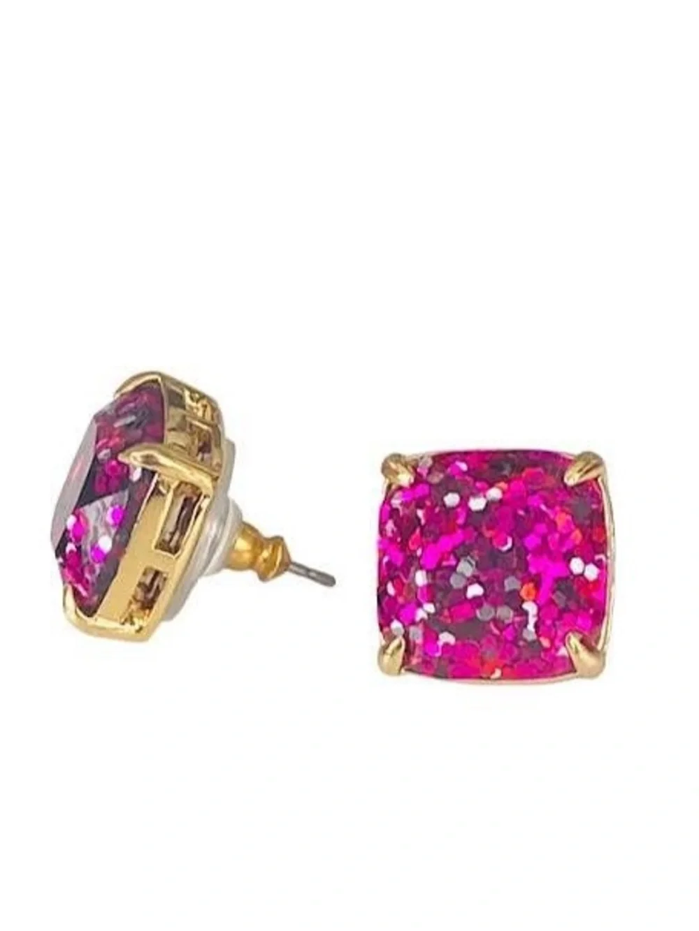 NWT Kate Spade Mini Square Glitter Stud Earrings Pink Fuchsia Gold